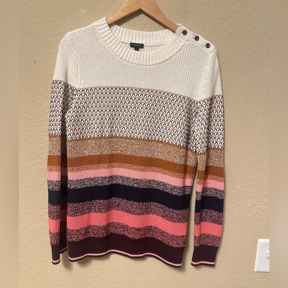 Talbots Sweater Women’s Sz  S Cream Brown Pink Striped Elbow Patches Thermolite
